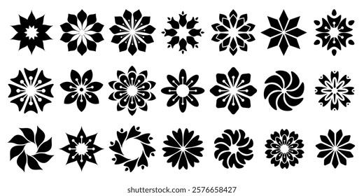 The black flower vector set features abstract floral design silhouettes and geometric patterns. It is ideal for decoration, logos, and design projects. Includes minimalist botanical elements