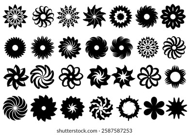 The black flower vector set features abstract floral design silhouettes and geometric patterns. It is ideal for decoration, logos, and design projects.