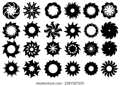 The black flower vector set features abstract floral design silhouettes and geometric patterns. It is ideal for decoration, logos, and design projects.