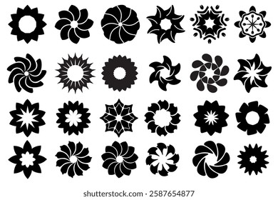 The black flower vector set features abstract floral design silhouettes and geometric patterns. It is ideal for decoration, logos, and design projects. Includes minimalist botanical elements