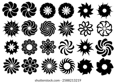 The black flower vector set features abstract floral design silhouettes and geometric patterns. It is ideal for decoration, logos, and design projects. Includes minimalist botanical elements