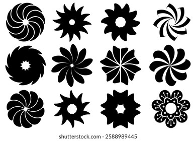 The black flower vector set features abstract floral design silhouettes and geometric patterns. It is ideal for decoration, logos, and design projects. Includes minimalist botanical elements	