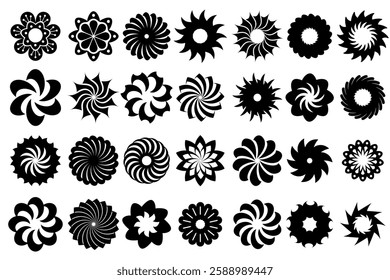 The black flower vector set features abstract floral design silhouettes and geometric patterns. It is ideal for decoration, logos, and design projects. Includes minimalist botanical elements	