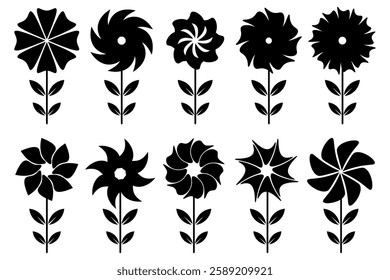 The black flower vector set features abstract floral design silhouettes and geometric patterns. It is ideal for decoration, logos, and design projects. Includes minimalist botanical elements