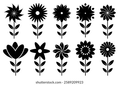 The black flower vector set features abstract floral design silhouettes and geometric patterns. It is ideal for decoration, logos, and design projects. Includes minimalist botanical elements