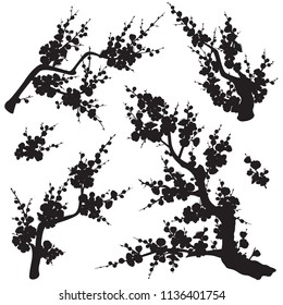Black flowering tree branches and shoots with flowers and buds isolated on white background. Plum blossom silhouette set.