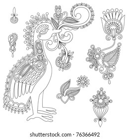 Black flowers and bird design elements. Line art.