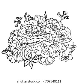 Black flowers contour for design, coloring books pages, wedding cards, invitations, congratulations, birthday. Flower bouquet for decoration, prints, posters, scrapbook, pattern, fabric, textile.