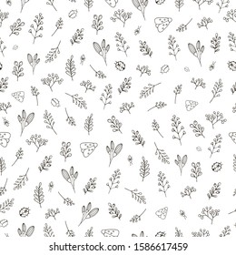 black flowers elements leaflets berries butterflies moths beetles lingonberries blueberries and rowan berries on a white isolated background hand-drawn vector stock illustration seamless pattern with