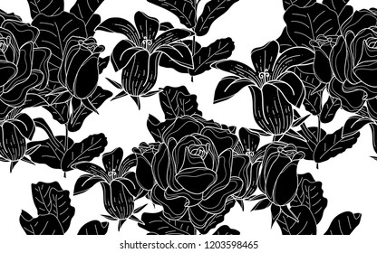 Black flowers and ficus pattern. Vector illustration. Botanical seamless wallpaper. Digital nature art. Cartoon style sketch. White background.