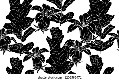 Black flowers and ficus pattern. Vector illustration. Botanical seamless wallpaper. Digital nature art. Cartoon style sketch. White background.