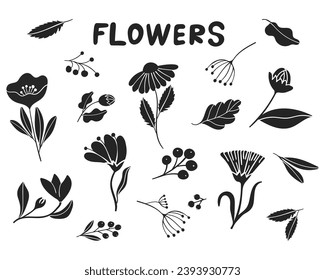 Black flowers isolated on white in ino-cut style. Every element can be used separately. Vector