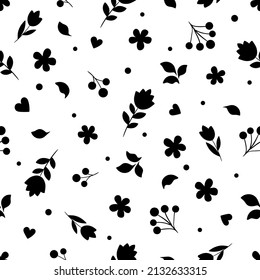 Black flowers, leaves, berries and  hearts on a white background. Spring doodle simple pattern. Suitable for wrapping paper, textile.