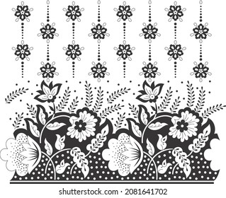 black flowers and leaves dot line pattern. Black and white background for weddings, fabrics, packaging.