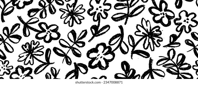 Schwarze Blumen und Blätter Vektor nahtlose Muster. Handgezeichnete Silhouetten von Frühlingsbrust Chrysanthemum Blumen. Blumenmotive im trockenen Pinselstil. Schwarze Malgrafik mit Ästen und Blättern. 