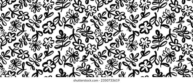 Flores negras y hojas vectoriales sin fisuras. Siluetas dibujadas a mano de flores de crisantemo primaveral. Motivos florales de estilo cepillo seco. Ilustración de pintura negra con ramas y hojas. 