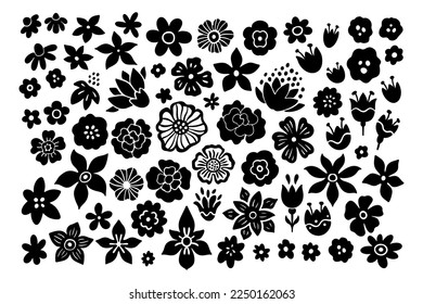 Black Flowers Linocut Graphic Set. Monochrome Daisy, Rose and Peony Elegant Botanical Collection. Spring Blossom Vector Icons Isolated on White Background. Cute Flowers for Logo, Invitation, Branding.