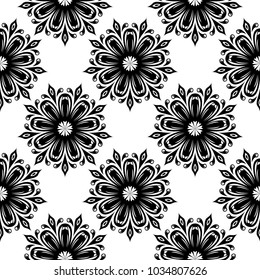 Black flowers on white background. Seamless pattern for textile and wallpapers