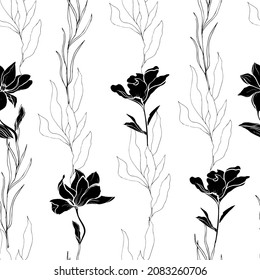 Schwarze Blumen auf weißem Hintergrund, trauerndes, nahtloses schwarz-weißes Muster.