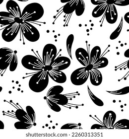 black flowers on a white background form a seamless pattern. naive flowers in the style of the middle of the last century make up a black and white abstract background. flat drawing. vector EPS 10.