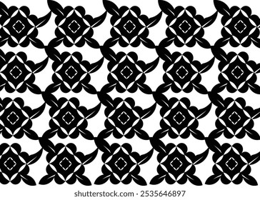 Black flowers on white background. Monochrome geometric seamless pattern. Vector flat graphic illustration. Texture.