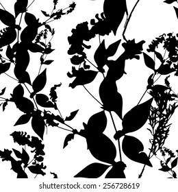 Black flowers on white background. Seamless pattern. Vector 