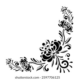 Black flowers on a white background. Petrykivka painting. Graphic image. Vector illustration EPS10 .