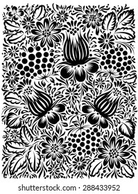 Black flowers on a white background, abstract floral background