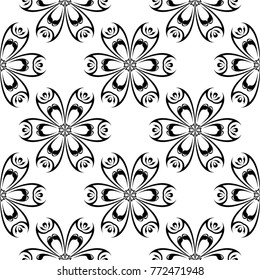 Black flowers on white background. Seamless pattern for textile and wallpapers