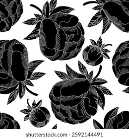 Black flowers on white. Seamless background for fabrics, textiles, packaging and wallpaper. If you want to create a hit product, this pattern is a perfect choice.. Vector illustration
