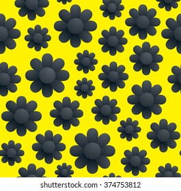 Black flowers on a Yellow background. Seamless flowers pattern. Abstract pattern. Vector illustration.