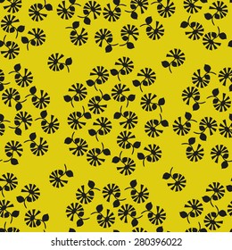 Black flowers on a yellow background.Seamless.
