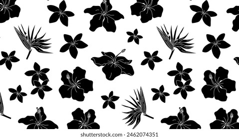 Black flowers pattern on white background. Exotic plants backdrop. Design for textile, wallpaper, summer fashion. Botanical and jungle concept.
