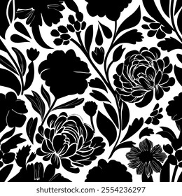 Black flowers pattern on white background.Plant ditsty floral botany background for fabric, print, websites, fashion, wallpapers.