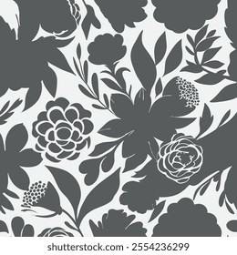 Black flowers pattern on white background.Plant ditsty floral botany background for fabric, print, websites, fashion, wallpapers.