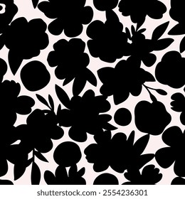 Black flowers pattern on white background.Plant ditsty floral botany background for fabric, print, websites, fashion, wallpapers.