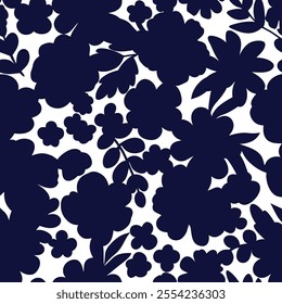 Black flowers pattern on white background.Plant ditsty floral botany background for fabric, print, websites, fashion, wallpapers.