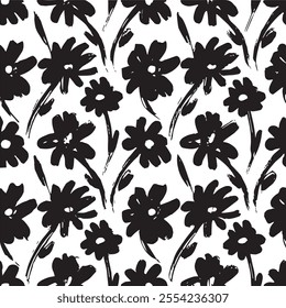 Black flowers pattern on white background.Plant ditsty floral botany background for fabric, print, websites, fashion, wallpapers.