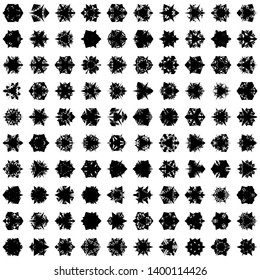 Black Flowers / Pseudo-Snowflakes on white background. Sharp set of 100 items. 3 (three) angles. - Vector