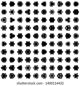 Black Flowers / Pseudo-Snowflakes on white background. Sharp set of 100 items. 3 (three) angles. - Vector