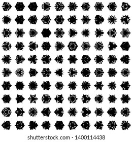 Black Flowers / Pseudo-Snowflakes on white background. Sharp set of 100 items. 3 (three) angles. - Vector