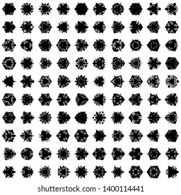 Black Flowers / Pseudo-Snowflakes on white background. Sharp set of 100 items. 3 (three) angles. - Vector