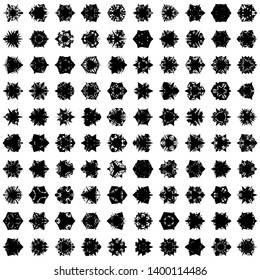 Black Flowers / Pseudo-Snowflakes on white background. Sharp set of 100 items. 3 (three) angles. - Vector