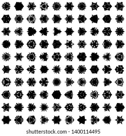 Black Flowers / Pseudo-Snowflakes on white background. Sharp set of 100 items. 3 (three) angles. - Vector