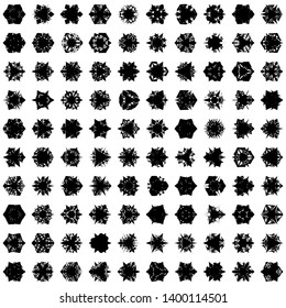 Black Flowers / Pseudo-Snowflakes on white background. Sharp set of 100 items. 3 (three) angles. - Vector