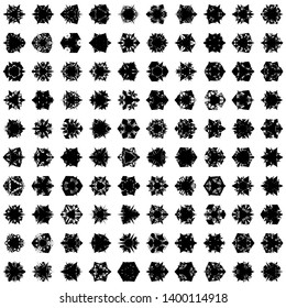 Black Flowers / Pseudo-Snowflakes on white background. Sharp set of 100 items. 3 (three) angles. - Vector