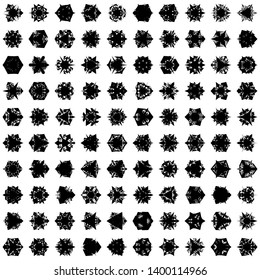 Black Flowers / Pseudo-Snowflakes on white background. Sharp set of 100 items. 3 (three) angles. - Vector