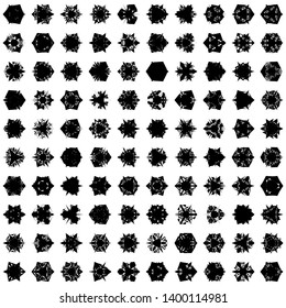 Black Flowers / Pseudo-Snowflakes on white background. Sharp set of 100 items. 3 (three) angles. - Vector