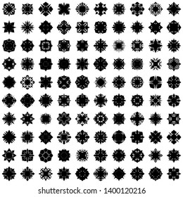 Black Flowers / Pseudo-Snowflakes on white background. Sharp set of 100 items. 4 (four) angles. - Vector