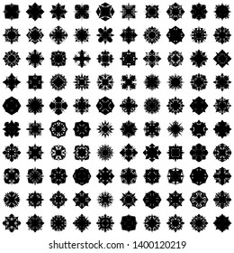 Black Flowers / Pseudo-Snowflakes on white background. Sharp set of 100 items. 4 (four) angles. - Vector